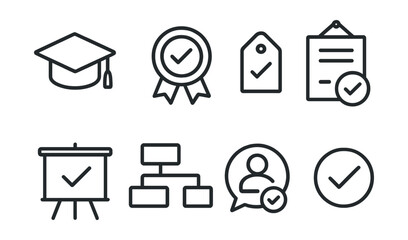 Line style icons of course completion: graduation cap icon, finished course badge, course certificate tag, passed exam file, training completion board, course curriculum chart, certified learner