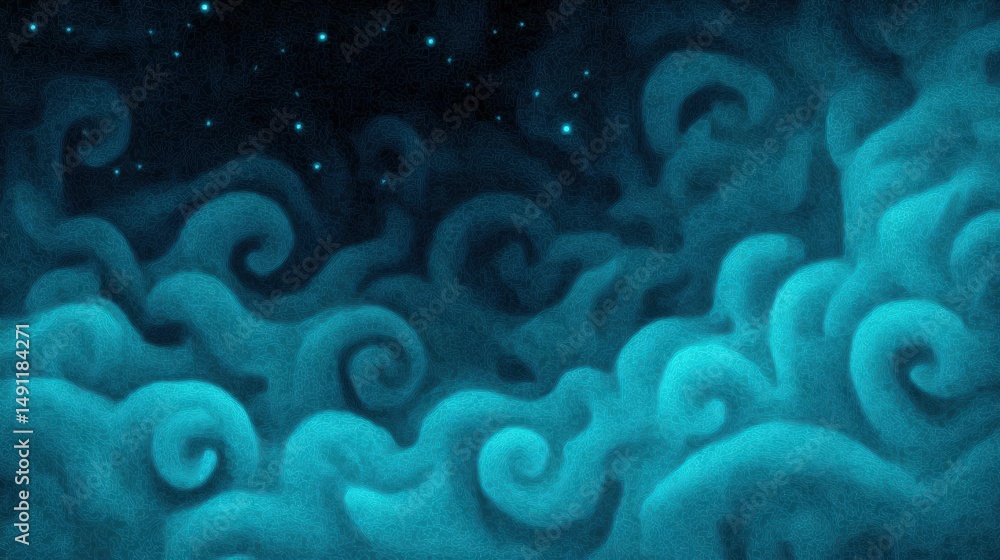 Poster abstract digital art piece with a dark blue background. the background is filled with a multitude of