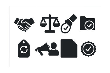 Solid style icons of journalistic integrity: handshake icon, “no bias” scale, truth spotlight, accountability folder, transparency tag, voice for the voiceless, fair report icon, credibility stamp.