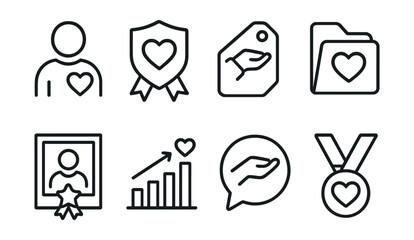Line style icons of humanitarian awards: humanitarian icon, community service badge, social contribution tag, charity work file, volunteer recognition board, public service chart, helping hand bubble