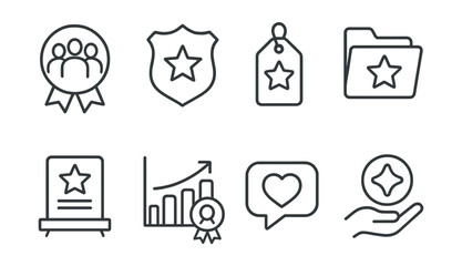 Line style icons of public service awards: community award icon, government service badge, public recognition tag, civic engagement file, leadership in service board, community contribution chart,