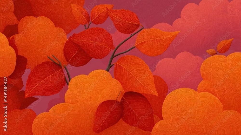 Poster illustration of a branch with orange leaves against a pink background. the leaves are arranged in a 