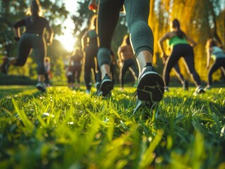 outdoor fitness bootcamp with diverse group, dynamic style, bright daylight, vibrant green and yellow tones, wide-angle composition with group in foreground