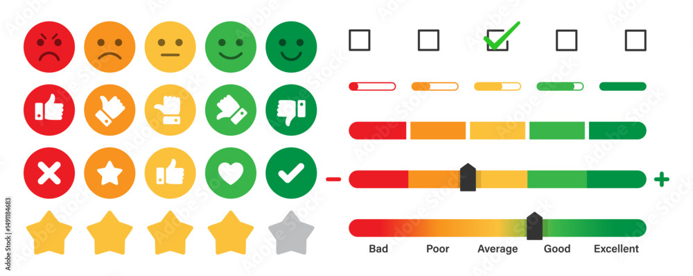 Poster Feedback and Rating emoji elements set for customer satisfaction product reviews interface vector collection. Rating emoji with slider set.