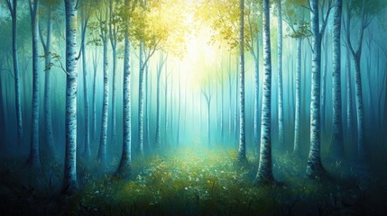 Fototapeta premium Mystical birch forest pathway bathed in sunlight.