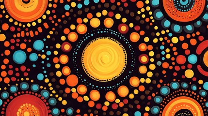 Bold circular dot painting vivid and energetic abstract design featuring concentric circles and a playful arrangement of colorful spheres