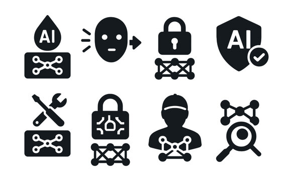 Solid style icons of AI model security: model watermark, adversarial attack icon, secure inference, model integrity tag, anti-tamper icon, encrypted model, red-teaming, detection layer.