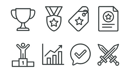 Line style icons of competitive events: trophy icon, competition badge, victory tag, first place file, winner podium board, ranking chart, event participation bubble, competition symbol.