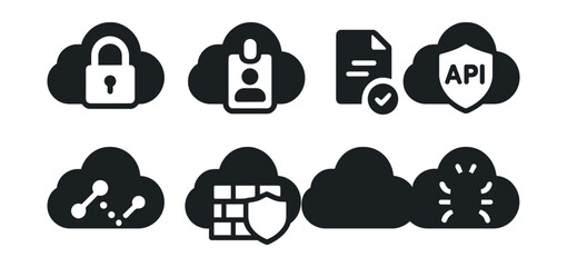 Solid style icons of cloud security: encryption lock, IAM badge, policy icon, secure API, audit trail, firewall shield, data mask, threat detection.