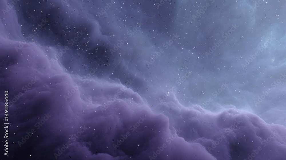 Poster close-up of a night sky filled with stars and clouds. the sky is a deep purple color and the clouds 