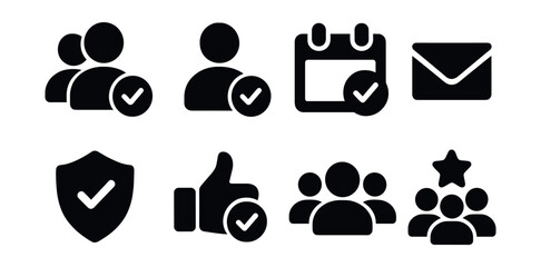 Solid style icons of social confirmation: friend request accepted, follow confirmed icon, social badge check, event RSVP done, message sent icon, profile verified, like and check icon, community