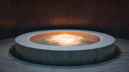 Round, circular bathtub in a dark room with a marble floor. the bathtub is made of white marble and has a smooth, polished surface.
