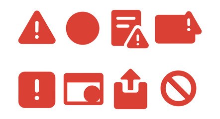 Solid style icons of error messages: red alert triangle, failed operation icon, form error warning, submission issue icon, danger notice, error modal badge, failed upload icon, blocked alert.