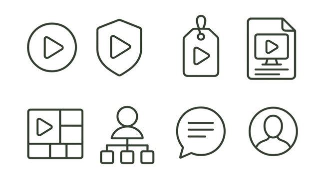 Line style icons of streamer branding: logo icon, branding badge, channel design tag, channel artwork file, custom branding board, stream identity chart, channel theme bubble, personal brand symbol.