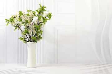 Still life with beautiful spring cherry blossom branches in vase on elegant background. Abstract flower arrangement and banner for screen,Floral holiday card with summer greeting concept