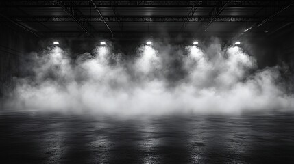 Fototapeta premium Dark, smoky industrial space with spotlights illuminating a concrete floor. Mysterious atmosphere