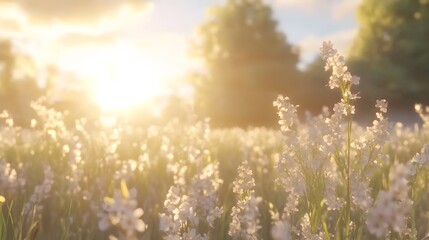 Naklejka premium Golden Hour Meadow White Flowers Sunset Landscape
