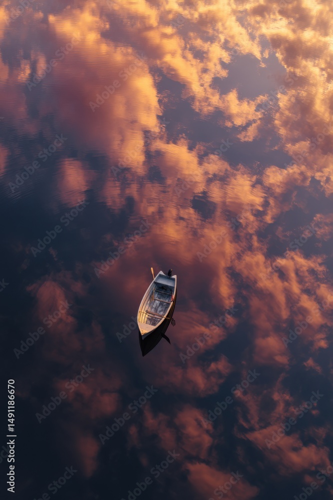 Poster rowboat drifting on calm lake reflecting sunset clouds, symbolizing tranquility and escape from dail