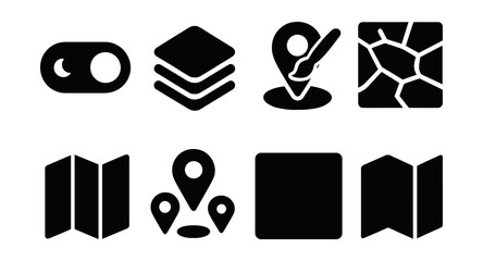 Solid style icons of customizable maps: theme toggle, color layer icon, user-style pin, dark mode map, simplified view, custom marker set, toggle labels, language on map.