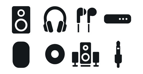 Solid style icons of audio output devices: speaker box icon, headphones, earbuds, soundbar icon, Bluetooth speaker, wired output port, surround sound icon, audio jack symbol.