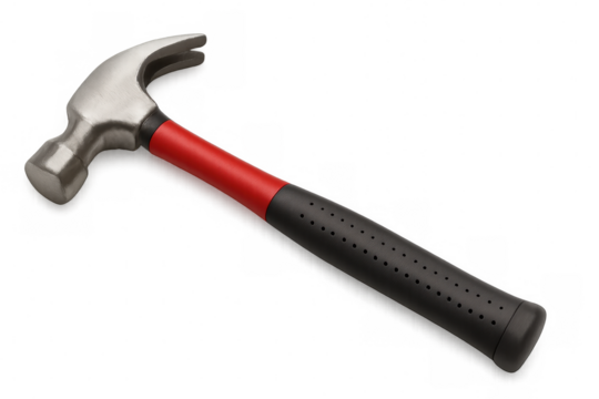 Studio shot of a claw hammer with a red and black handle, isolated on a transparent background