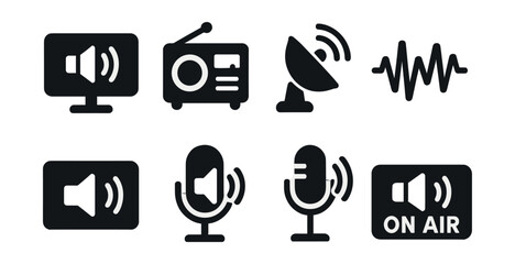 Solid style icons of live and real-time audio: live stream speaker, radio with waves, broadcasting sound, audio pulse icon, sound wave stream, realtime speaker badge, live recording volume, on-air