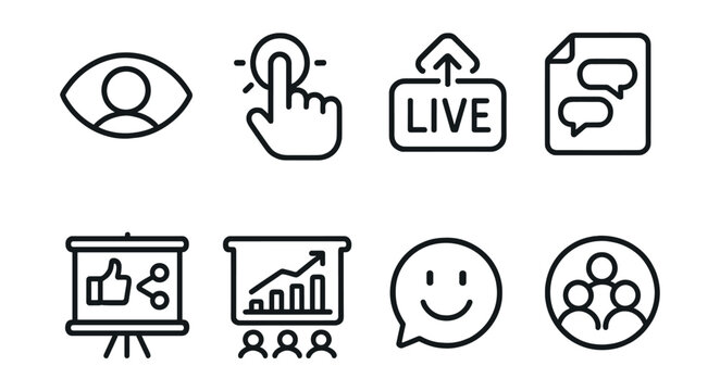 Line style icons of audience engagement: viewer icon, interaction badge, live poll tag, comment section file, likes and shares board, audience feedback chart, reaction bubble, community symbol.