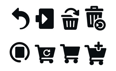 Solid style icons of undo and recovery: undo delete icon, restore item from trash, basket with arrow back, bin with refresh, item history icon, recover cart, restore deleted product, re-add to cart.