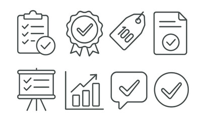 Line style icons of testing and certification: test completion icon, exam pass badge, final score tag, certification validation file, passed test board, result chart, approved exam bubble, success