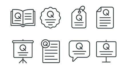 Line style icons of quiz rules: rule book icon, guidelines badge, instructions tag, format file, policy board, terms chart, game rules bubble, quiz guide symbol.