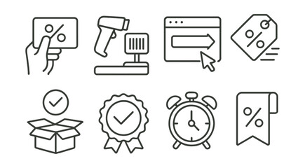 Line style icons of coupon usage process: receive promo card, scan at checkout, apply code icon, discount appears symbol, verify coupon box, redemption check icon, expiration timer, save coupon for