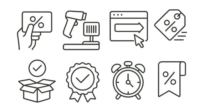 Line style icons of coupon usage process: receive promo card, scan at checkout, apply code icon, discount appears symbol, verify coupon box, redemption check icon, expiration timer, save coupon for