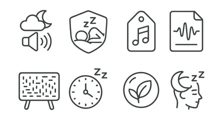 Line style icons of sleeping aid alarms: sleep sounds icon, guided sleep badge, lullaby tag, calming wave file, white noise board, rest time chart, relaxation bubble, sleep assistance symbol.