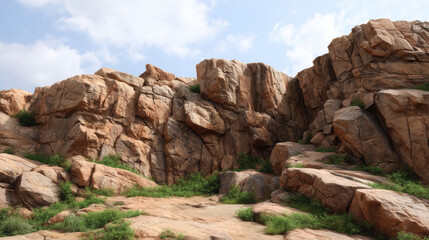 Fototapeta premium Rocky hill landscape showcasing large stone formations with sparse vegetation beneath a partly cloudy sky du the daytime in a natural outdoor environment.