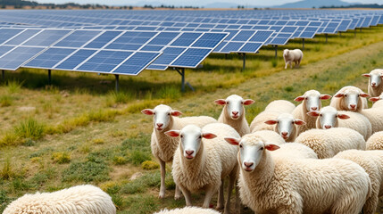 Sheeps standing next to a field of solar panels. Solar farm with solar trackers panels and flock of sheep. Agrivoltaics concept that involves the shared use of land for solar parks and sheep grazing.