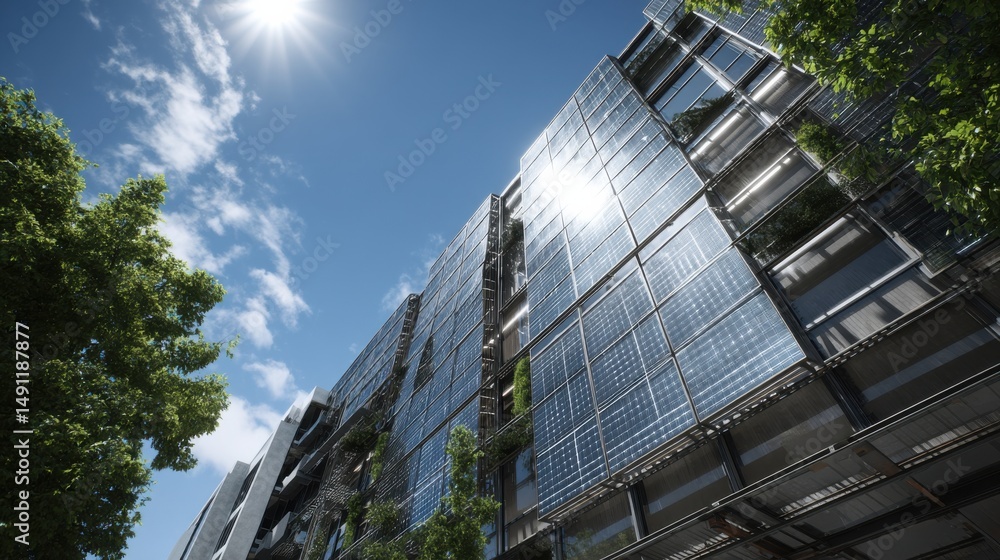 Poster modern building with solar panels and greenery under blue sky, showcasing sustainable development an