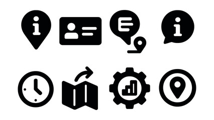 Solid style icons of location and venue info: map pin with info, venue card icon, location details bubble, address “i”, hours of operation icon, directions info, facility details icon, local info