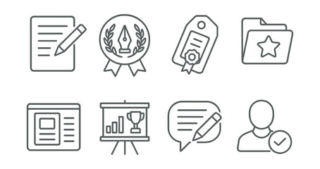 Line style icons of literary competitions: writing contest icon, poetry badge, essay challenge tag, storytelling file, literary magazine board, literary award chart, writing competition bubble,