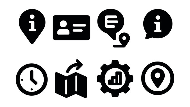 Solid style icons of location and venue info: map pin with info, venue card icon, location details bubble, address “i”, hours of operation icon, directions info, facility details icon, local info