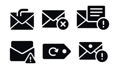 Solid style icons of email and communication alerts: bounced message icon, delivery failed alert, blocked email warning, newsletter error badge, inbox warning, spam tag, unverified sender alert,