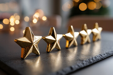Five golden stars in a row, symbolizing excellence and satisfaction. The warm glow of the background lights creates a sense of warmth and achievement. The stars are arranged on a dark surface.