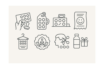 Line style icons of loyalty in local business: handwritten card stamp, coffee shop loyalty tag, loyalty card at counter, hand-drawn smiley on receipt, boutique punch card, farmer’s market badge,