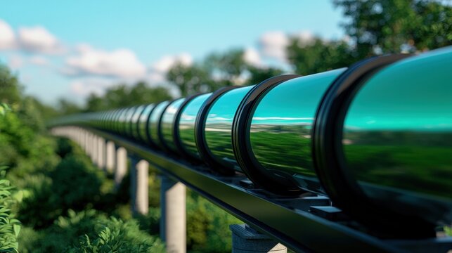 Futuristic hyperloop transportation system showcasing sleek design and advanced technology for low carbon travel surrounded by green landscape