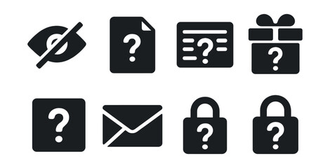 Solid style icons of unknown content: hidden content icon, mystery file, blurred preview with question, unrevealed item, surprise box with “?”, placeholder icon, unknown sender, question on lock.