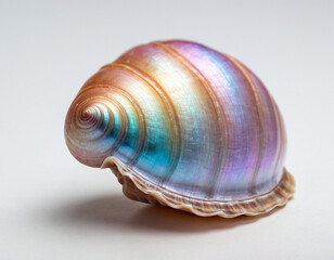 Elegant crystal shell with opalescent glow sculpted delicately against a clean white background, ideal for sophisticated presentations and high-end natural product visuals