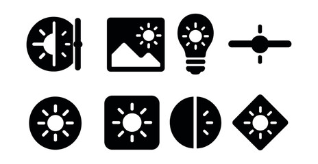Solid style icons of brightness in photo editing: brightness adjust tool, photo sun icon, lighting tool icon, exposure slider, editing brightness button, image enhancement sun, light balance icon,