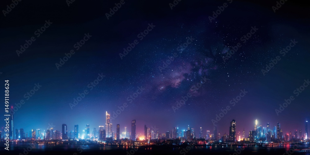 Poster city skyline illuminated at night under starry sky, representing urban development and technological