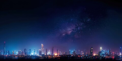 City Skyline Illuminated at Night Under Starry Sky, Representing Urban Development and Technological Advancement With a Futuristic Vision : Generative AI