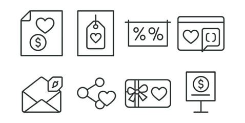 Line style icons of charity sale promotional tools: flyer with donation icon, charity sale poster, banner with % goes to cause, pop-up message + heart, email promo with cause tag, social share +