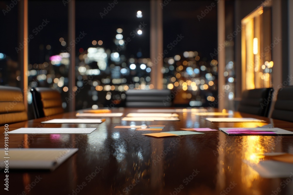 Aufkleber conference room table with sticky notes and city lights at night, illustrating corporate strategy an